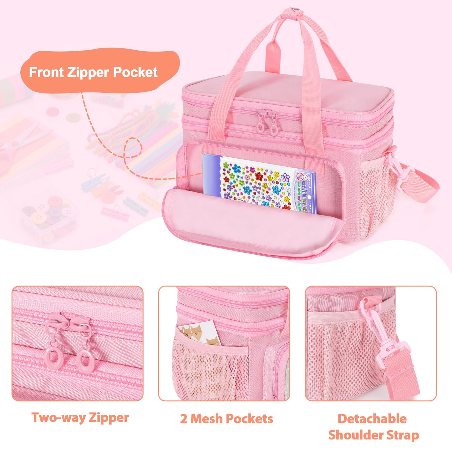 GRAOSO Double Layer Sewing Organizer for Crafts Sewing Supplies, Crafts Accessories Bag, Portable Sewing Box with Handle and Detachable Shoulder Strap, Rainbow Sequins Design, Pink (Case Only)