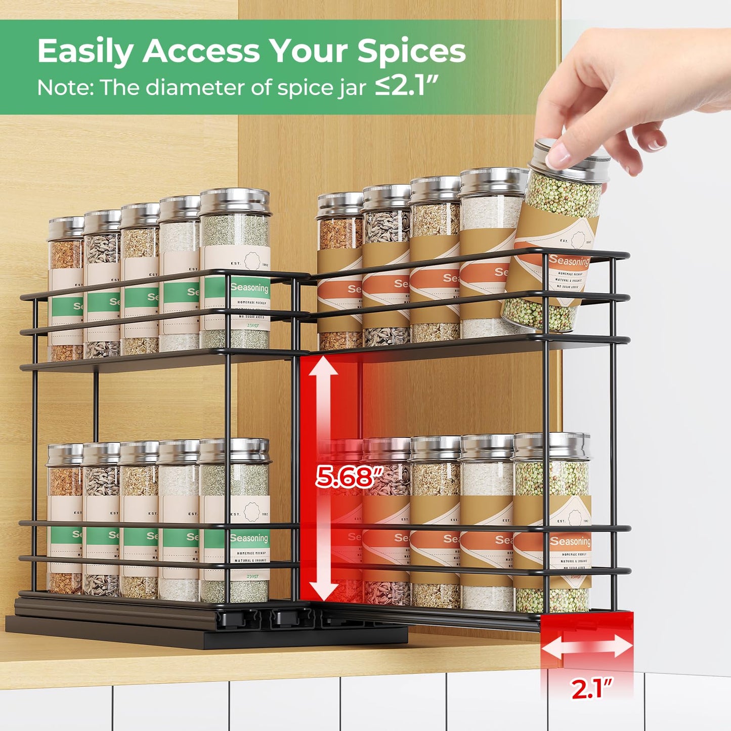 Pull Out Spice Rack Organizer for Cabinet, Slide Out Spice Racks, Easy to Install, 2.1''Wx10.35''Dx8.26''H, 3 Drawers 2 Tiers(Black)