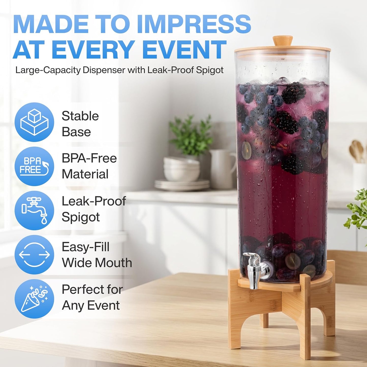GRAXON (2.5 Counter Drink Dispenser with Bamboo Stand & Spigot Gallon) Large Plastic Beverage Dispenser for Parties