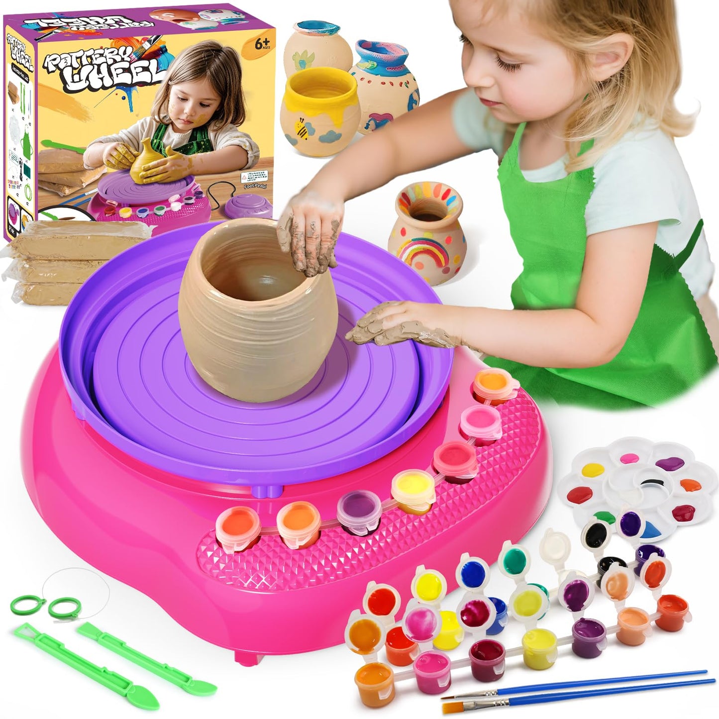 Vinkp Pottery Wheel for Kids - Complete Pottery Painting Kit Arts and Crafts for Kids Ages 8-12 with Air Dry Clay Art Supplies for Girls Boys Toys Birthday Gifts for 6 7 8 9 10 11 12 - Pink