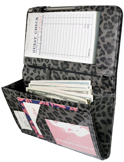 Server Book for Waitress Book with Zipper Pocket and Magnetic Closure, 5"×9" Grey Leopard Cute Server Wallet with Money Pocket, Restaurant Waitstaff Organizer Fit Server Apron