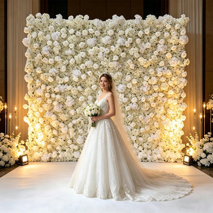 5D Artificial White Realistic Rose wall Backdrop, 8×8ft,Artificial Flower wall Panel. Easy to Install and Store, Reusable. Perfect for Weddings, Birthday Parties, and Home Decoration. with Stand