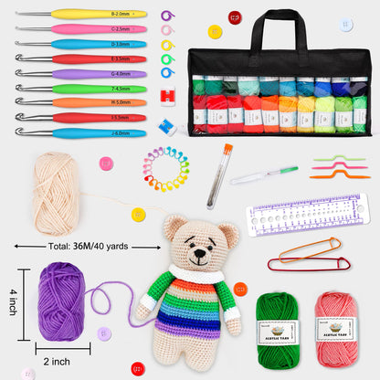 INSCRAFT 113 Piece Crochet Kit with Yarn Set– 1600 Yards Assorted Yarn for Knitting and Crochet, 73PCS Crochet Accessories Set Including Ergonomic Hooks, Knitting Needles & More Ideal Beginner Kit