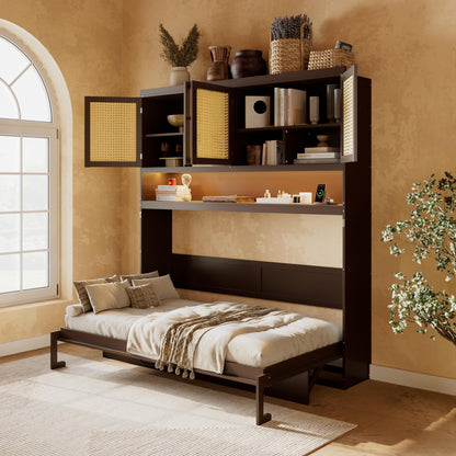 DNYN Murphy Bed Frame with Top Cabinet and LED for Bedroom/Guest/Study Room, Twin Size Wooden Foldable Wall Bed with USB Ports, Space-Saving Design & No Box Spring Needed