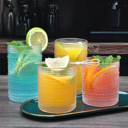 Woaiwo-q Embossed Highball Glasses Set of 12, 10 oz Thick Base Cocktail Drinking Glasses, 12 oz Clear Glassware Set, Glass Cups for Whiskey, Juice, Water, Home Bar & Kitchen, Dishwasher Safe