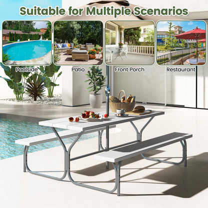Giantex Picnic Table 6FT for 8 Person, Outdoor Table Set w/ 2 Benches, All-Weather HDPE Rectangular Tabletop, Heavy Duty Metal Legs, Umbrella Hole, for Patio Yard Lawn Party (White)
