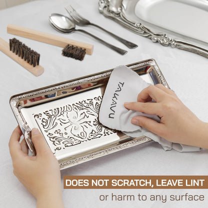 Horsehair Detail Brush Set 2pcs Silver Cleaning Brushes & Polish Cloth Perfect for Detailing, Polish Work, Fine and Heirloom Silverware Plateware Jewelry, Ultimate Solution for a Gleaming Finish