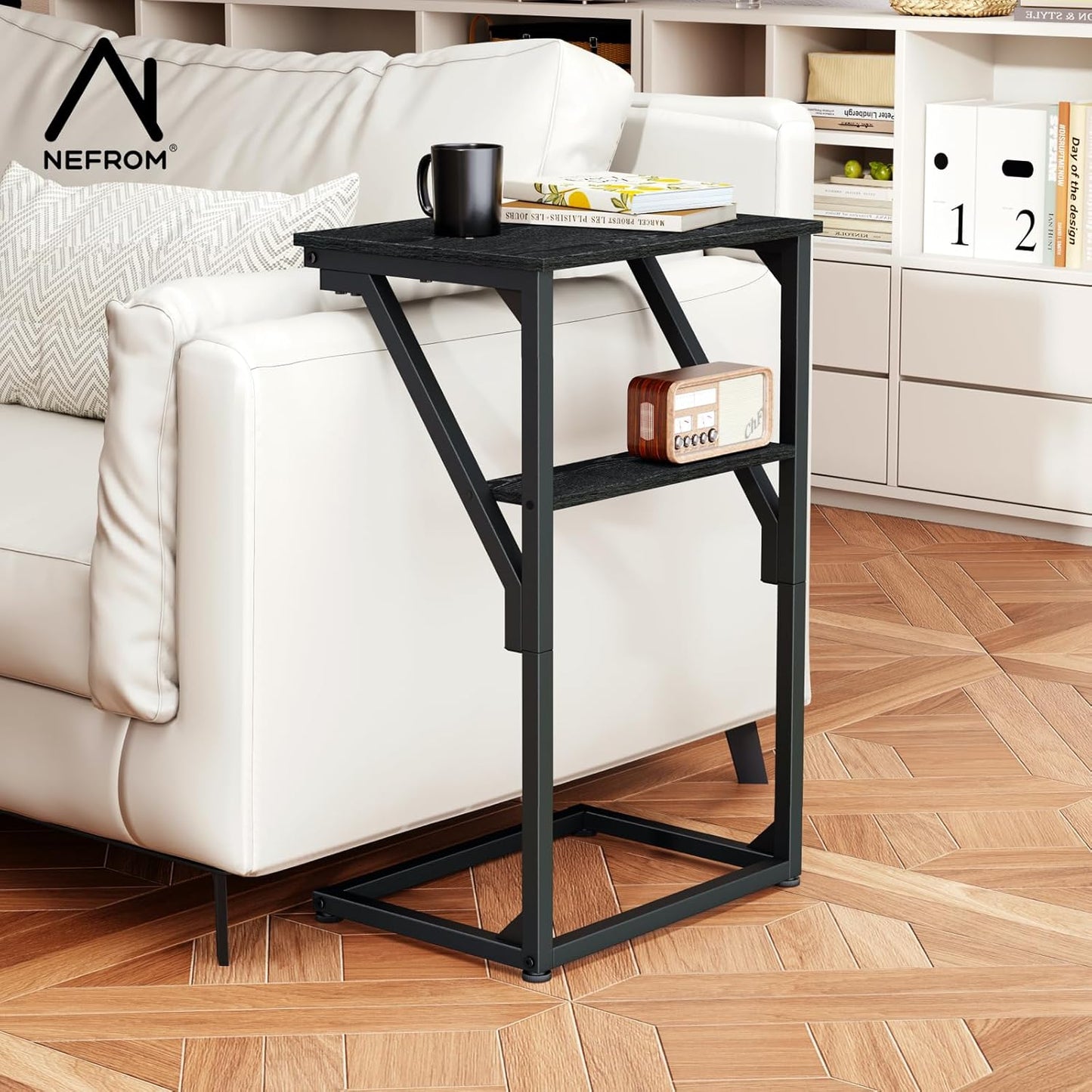 NEFROM Set 2, ET-D-BKW2 C-Shaped End Tables, Sofa TV Trays of Small Couch Side Table for Living Room, Bedroom, Bedside