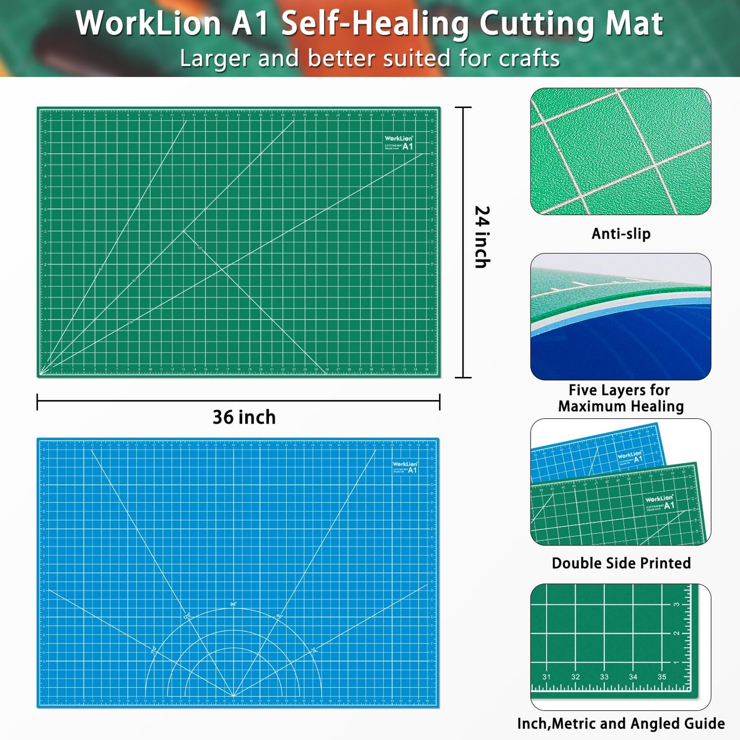 WORKLION 24" x 36" Large Self Healing PVC Cutting Mat, Double Sided, Gridded Rotary Cutting Board for Craft, Fabric, Quilting, Sewing, Scrapbooking - Art Project…