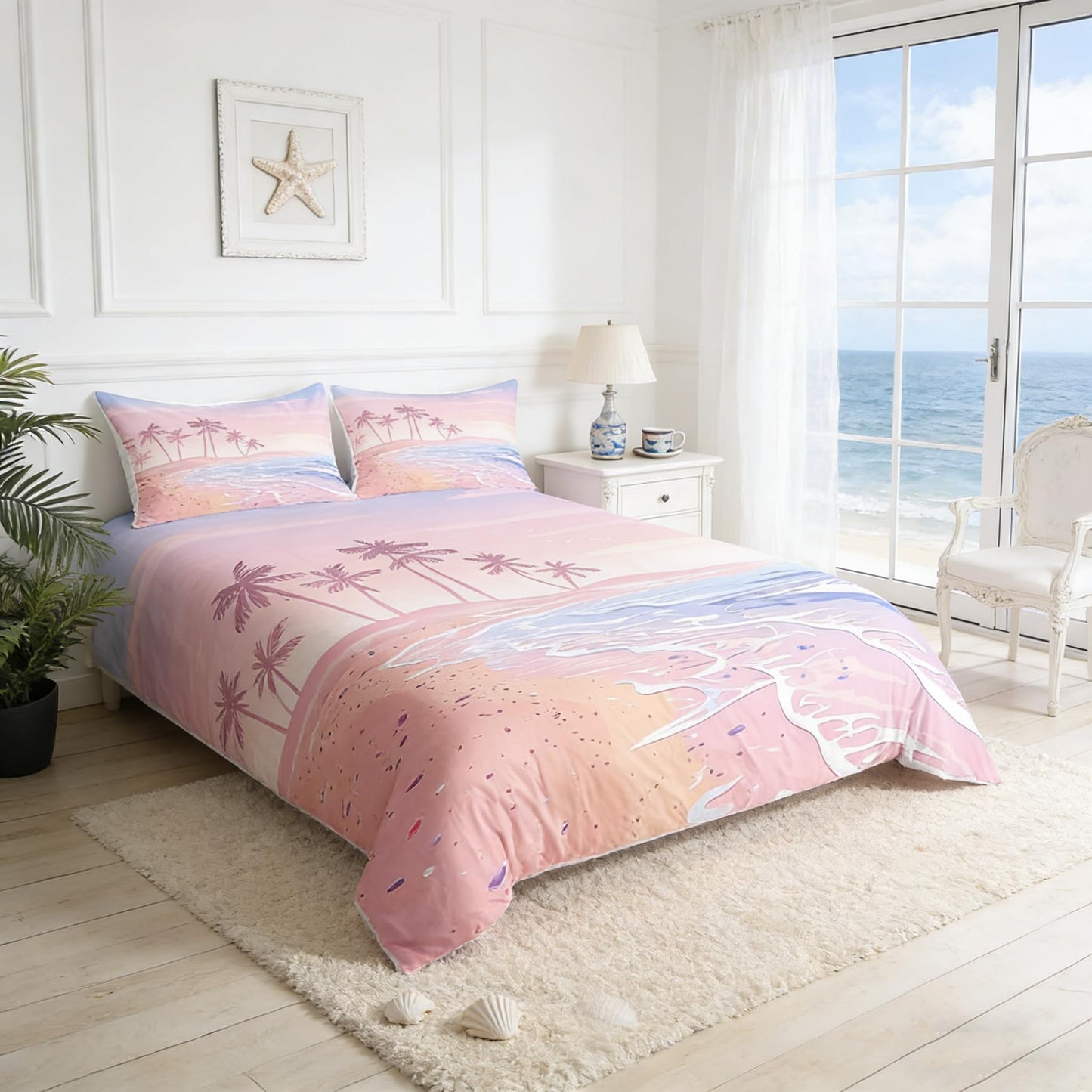 Homewish Girls Pink Beach Duvet Cover Set Full Size Kids Romantic Hawaii Ocean Style Bedding Set 3pcs Teens Lover Room Decor Palm Trees Sky View Comforter Cover Girly Summer Quilt Cover,2 Pillowcases