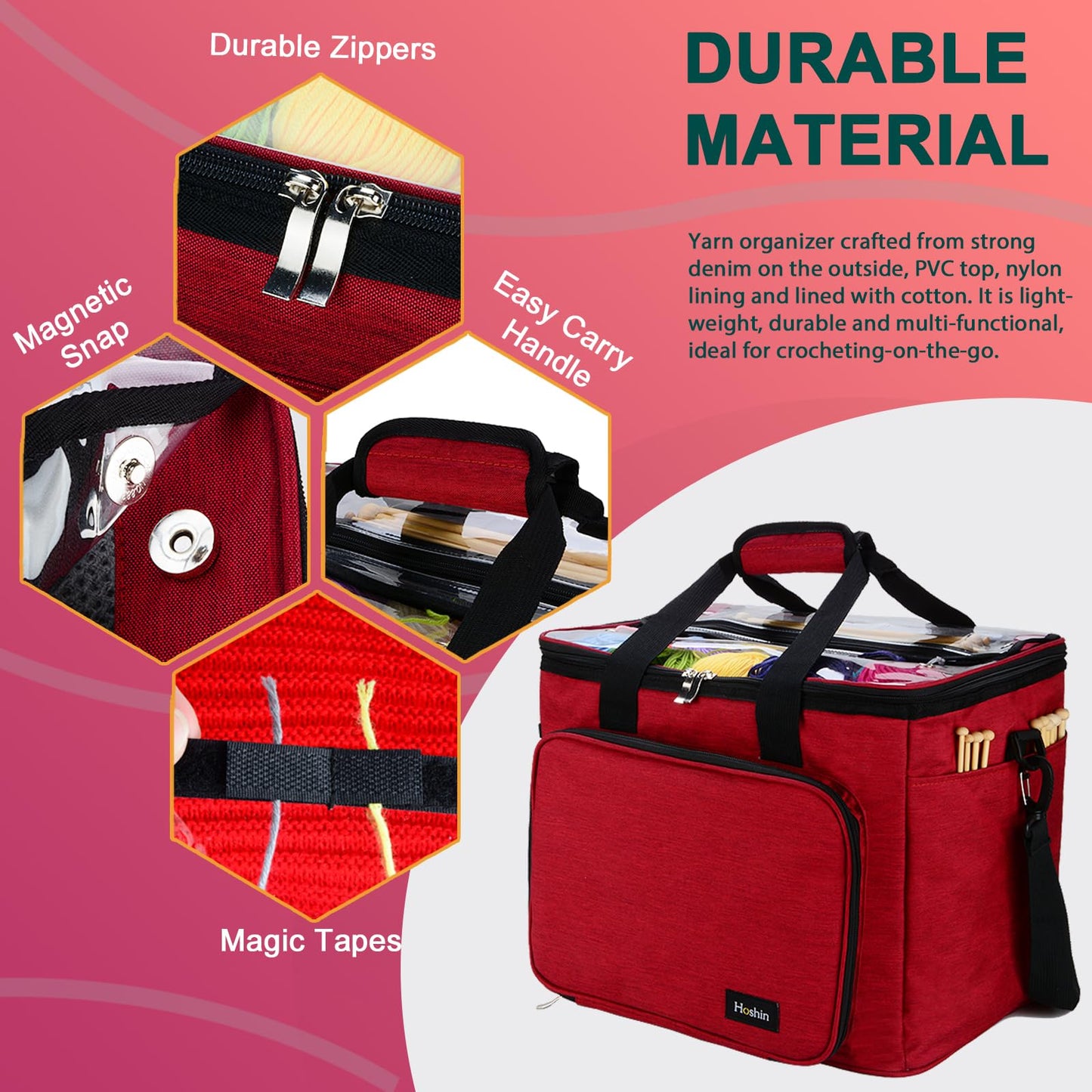 Hoshin Knitting Bag for Yarn Storage, High Capacity Yarn Totes Organizer with Inner Divider Portable for Carrying Project, Knitting Needles(up to 14”), Crochet Hooks, Skeins of Yarn (Red)