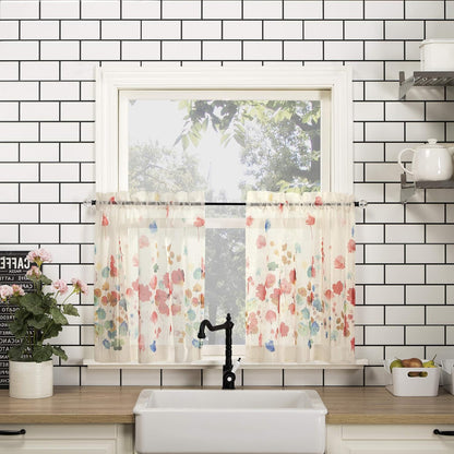 No. 918 Rosalind Watercolor Floral Semi-Sheer Kitchen Curtain Valance and Tiers Set, 54" x 24", Poppy Red