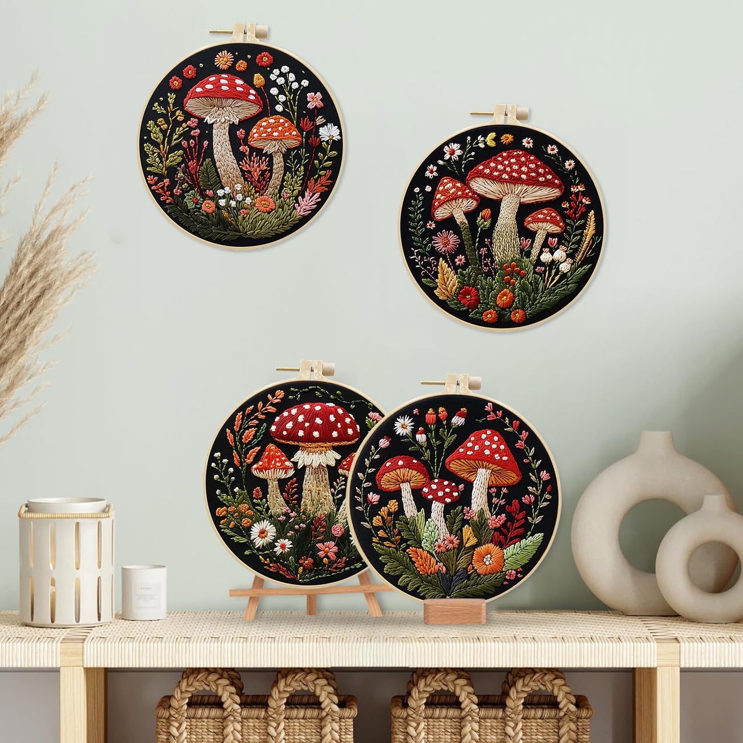 SCECALA 4 Pack Mushroom Embroidery Kit - Botanical Flower Floral Hand Embroidery Kit for Beginners with Pattern, Complete Cross Stitch Supplies DIY Craft for Adults Sewing Hobby, 1pc Hoops