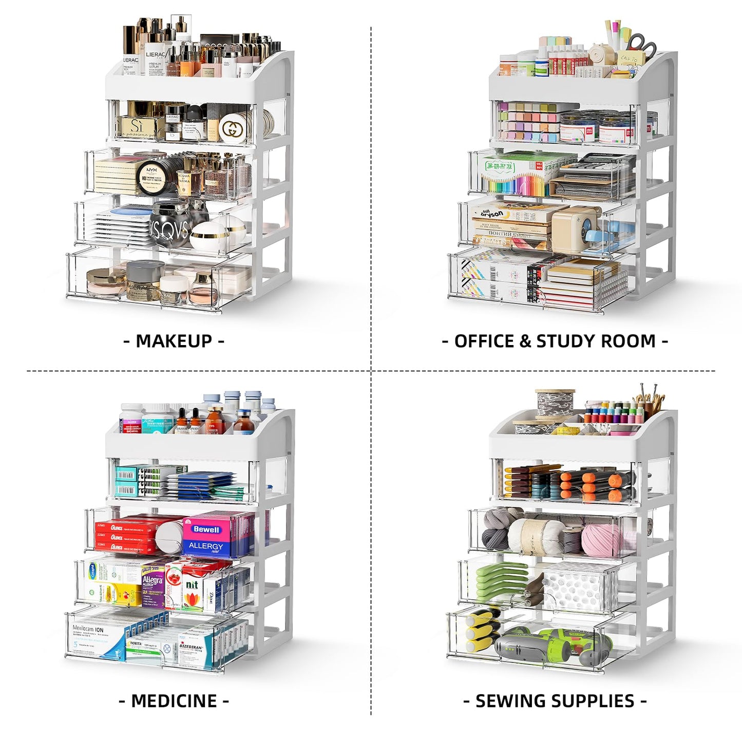 Desk Organizer with 4 Drawer Storage, Desktop Drawers Organizer for Office/School Supplies, Plastic Stationary Makeup Organizer, Desk Storage Box Organizer for Office, School, Bathroom