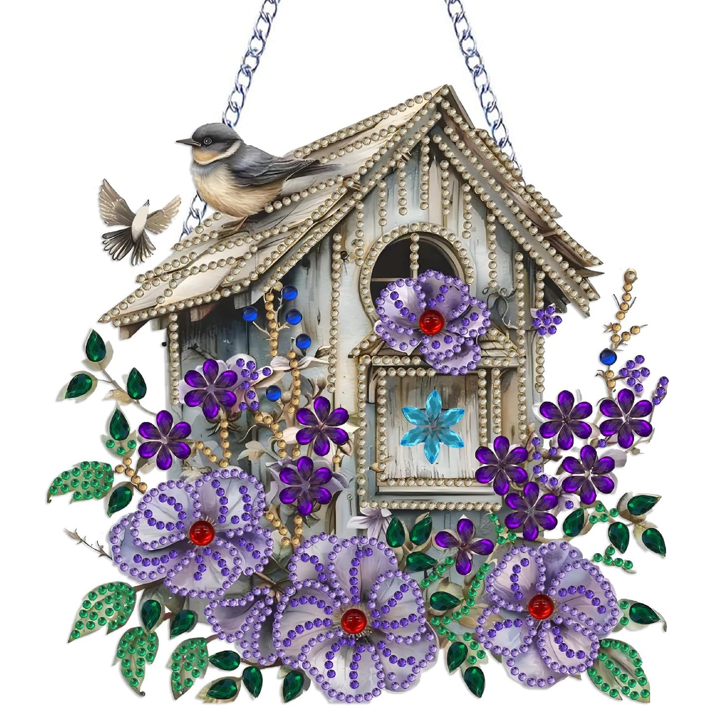 Birdhouse Diamond Art Hanging Kit for Adult Flowers Bird,Special Shaped Rhinestone,DIY Acrylic 5D Diamond Art Painting Window Pendants Home Garden Wall Hanging Kits Hanging Ornament,Double-Sided