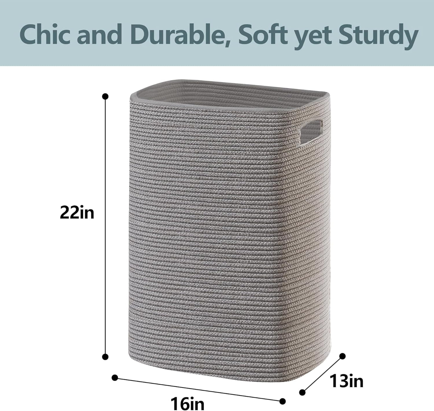 Large Gray Laundry Hamper, 16"x13"x22", Tall Woven Cotton Rope Basket for Dirty Clothes, Soft Laundry Bin, 75L