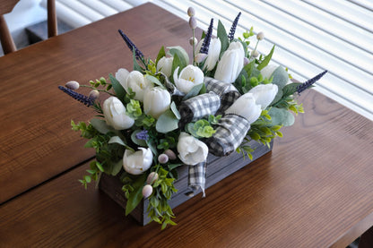 Spring Table Decor Faux White Tulips Arrangement, Spring Easter Tabletop Floral Centerpiece, Artificial Tulip Lavender Eucalyptus Boxwood and Bow in Rectangular Wood Box for Home Decoration, 14in