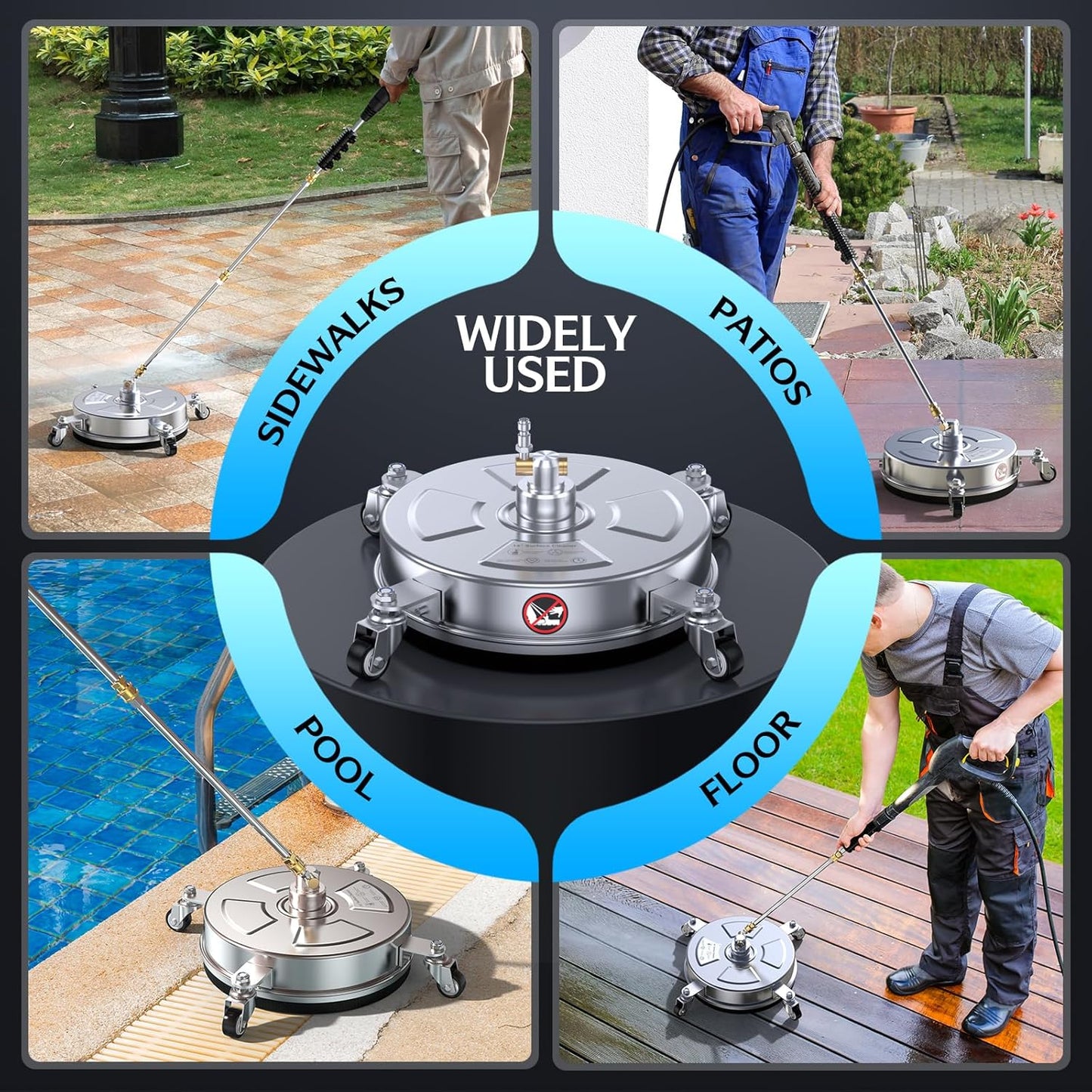 Pressure Washer Surface Cleaner - 14" 4500 PSI | Durable 304 Stainless Steel, 4 Wheels & 2 Wands