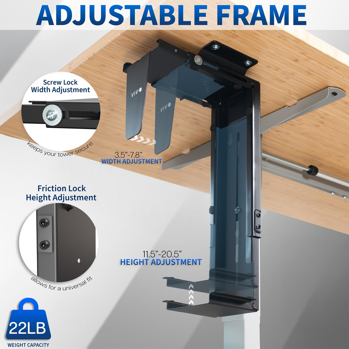 VIVO Adjustable Under Desk and Wall 3.5 to 7.8 inch Wide Office PC Mount, Computer Case CPU Machine Holder Stand with Swivel and Secure Locking, Holds 22 lbs, Black, MOUNT-PC01
