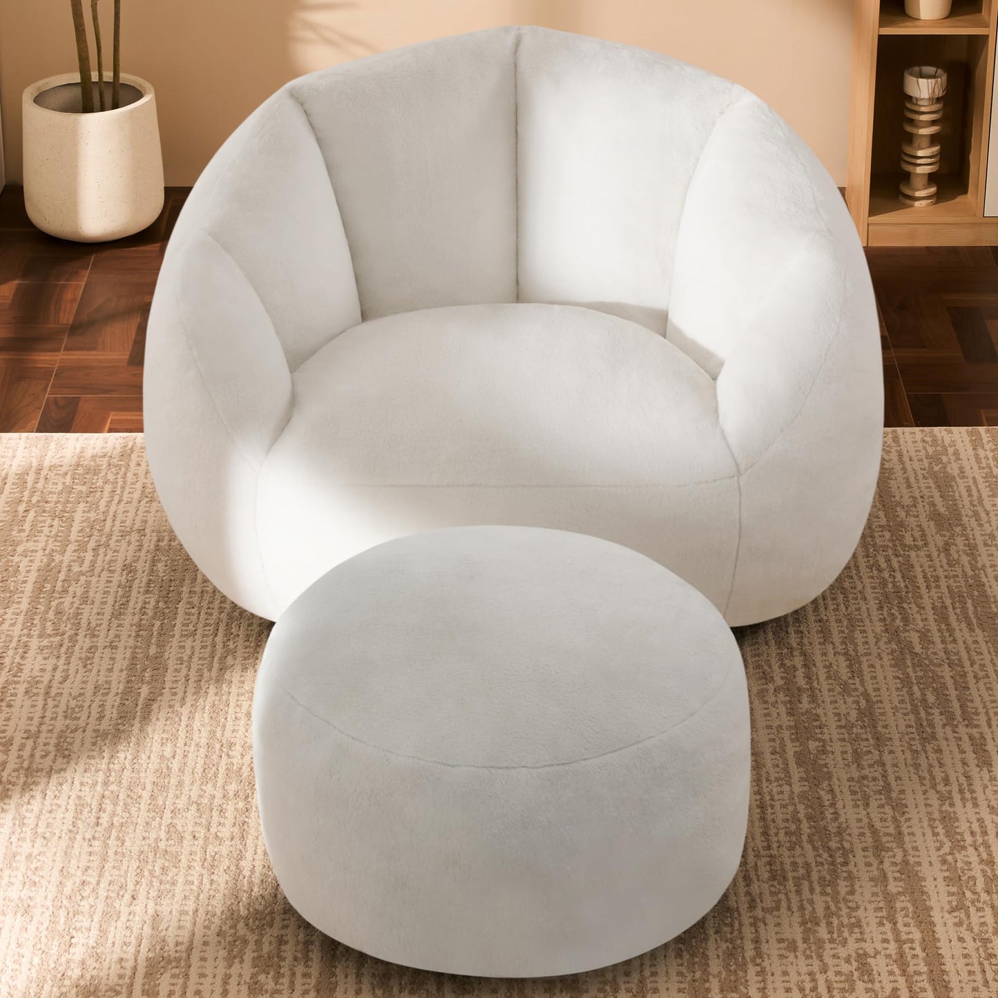 GRANDJOY Oversized Bean Bag Chair with Ottoman, Premium Foam Filling, Relaxing Lounger for Adults & Kids, Beige