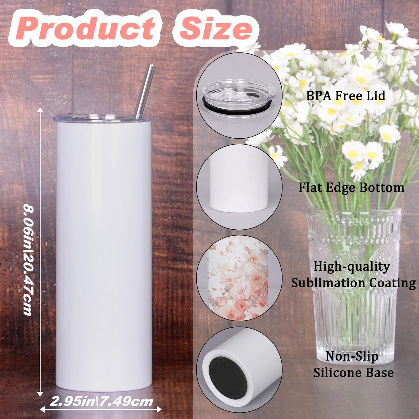 Muwnrol 50 Pack 20 Oz Sublimation Tumblers Bulk, Stainless Steel Double Wall Vacuum Insulation Cup, Sublimation Cups with Straw, Individually Box (Flat Edge)