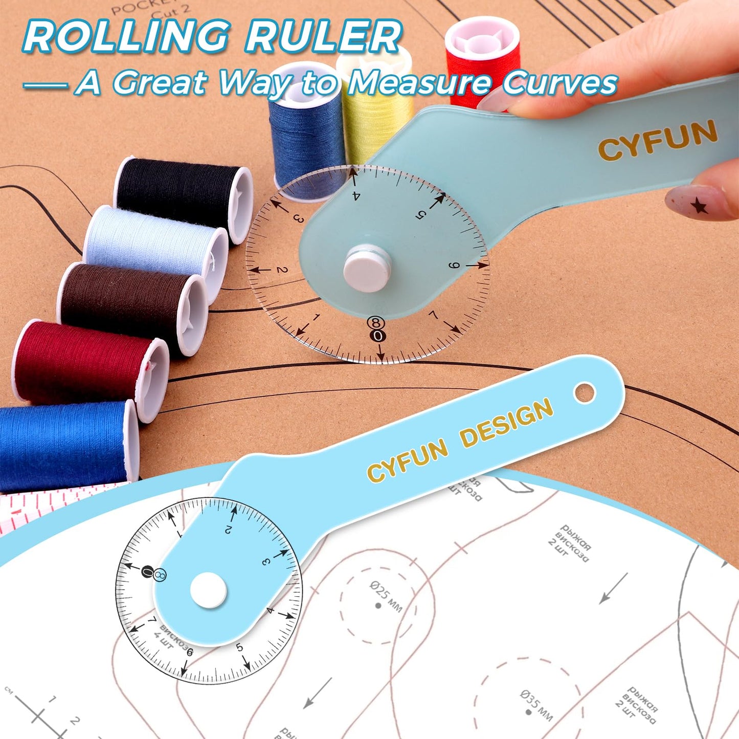 2Pcs/Set 12inch&8inch Sewing Wheel Ruler for Measuring Curves；360 Degrees Rotating Acrylic Rolling Rulers for Tailors, Dressmakers & Seamstresses necklines, Trim, Ruffles, Binding, Etc.