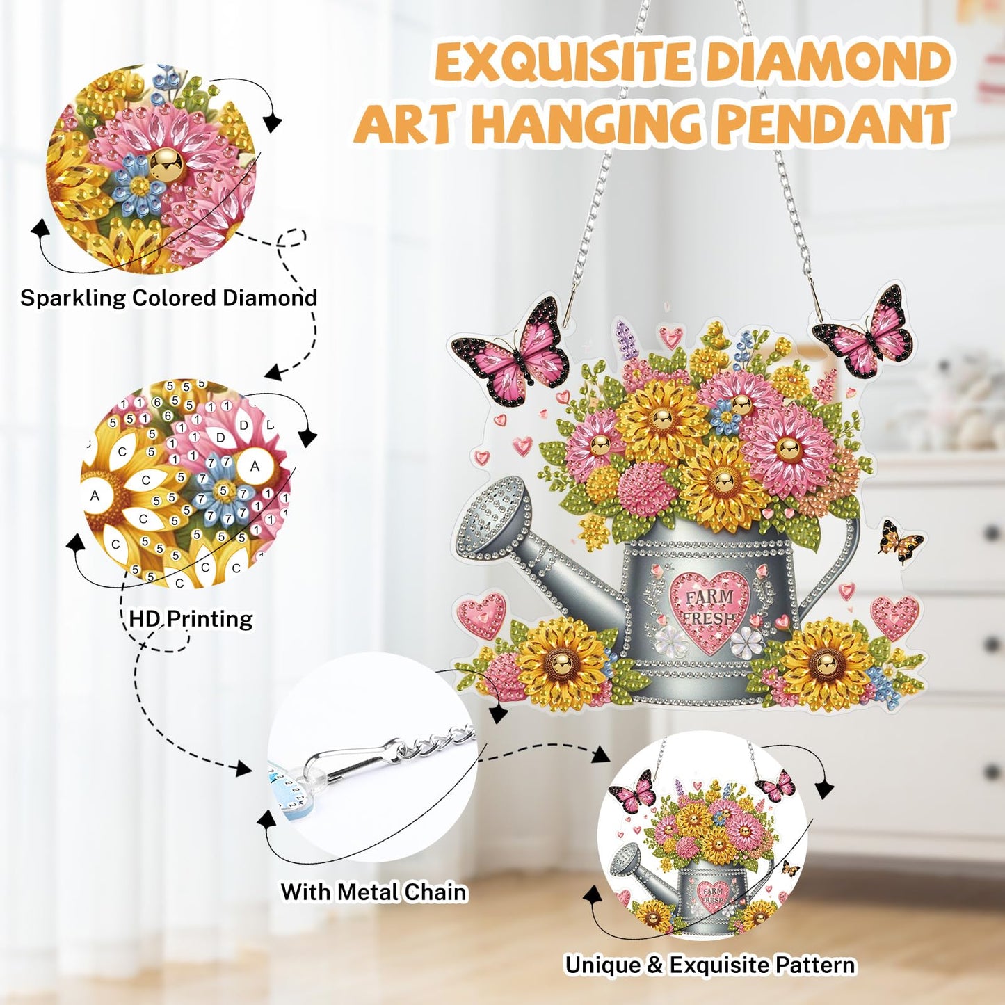 Bowetile Spring Diamond Art Hanging Kits for Adults, Diamond Art Suncatchers Flowers, 5D Special Shape Diamond Painting Farm Fresh Watering Can Pendant Window Ornament Gifts for Home Decor