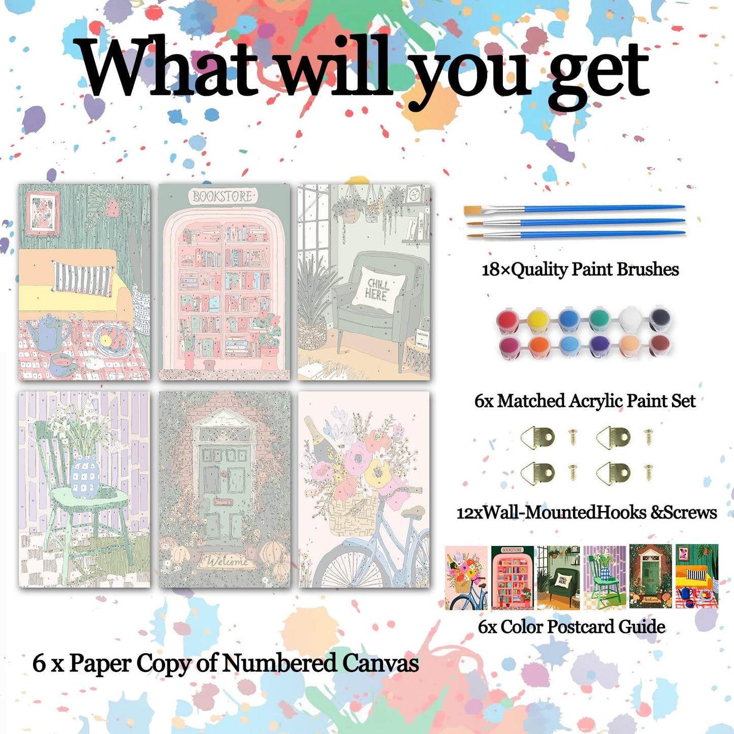 Tucocoo 6 Pack Cozy Scenery Paint by Numbers Kits for Adults 8x12 inch Room Porch Bookstore Bike Flowers Scence Painting Easy Acrylic Paint by Number DIY Oil Acrylic Pigment Drawing Paintwork