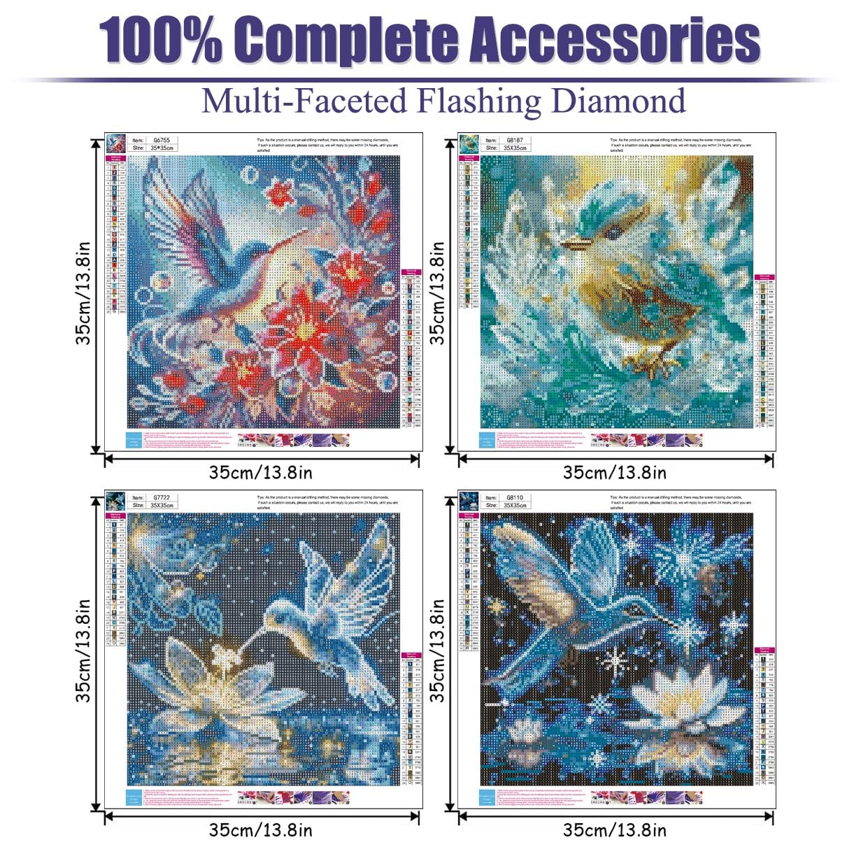CEUHROG 4Pack Hummingbird Diamond Art Kits for Adults,DIY Bird Diamond Painting Kits Round Diamond Dots for Adults,5D Full Drill Painting Kit Art and Crafts for Adult Home Wall Decor14X14inch