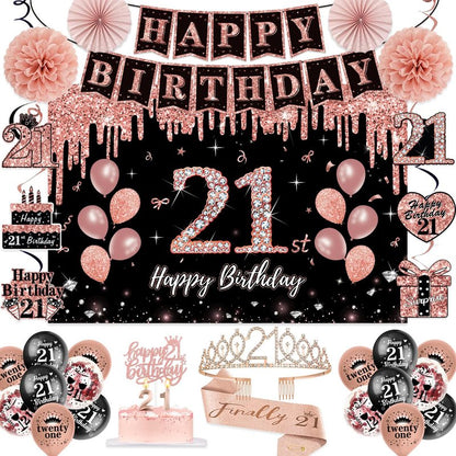 21st Birthday Decorations for Her,50Pcs PRE-STRUNG Rose Gold Black Party Set-21 Years Old Crown and Sash,Banner,Hanging Swirl,Backdrop Decor,CakeTopper,Age Candle, Balloons,Paper Fans,PRE-ASSEMBLED