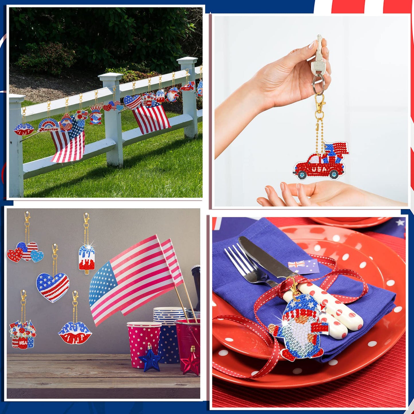 Sasylvia 16 Pcs 4th of July Diamond Painting Keychains Patriotic Diamond Art Kit Gnome Painting Ornaments American Flag Red Blue White DIY Craft 250th Anniversary Decorations for Adult