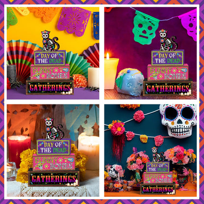 Britimes 4 Pcs Day of the Dead Table Decor Halloween Cat Tiered Tray Decorations Set Funny Bones Stack Block Signs Gift Rustic Farmhouse Tabletop Decor for Table & Home Office