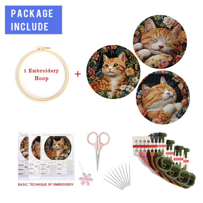 LB Orange Cat Embroidery Kit for Beginners Adults, 3 Sets Hand Embroidery Starter Kit with Floral Pattern and Instructions Stamped Cross Stitch Kits Include Embroidery Hoop Needles Threads Scissors