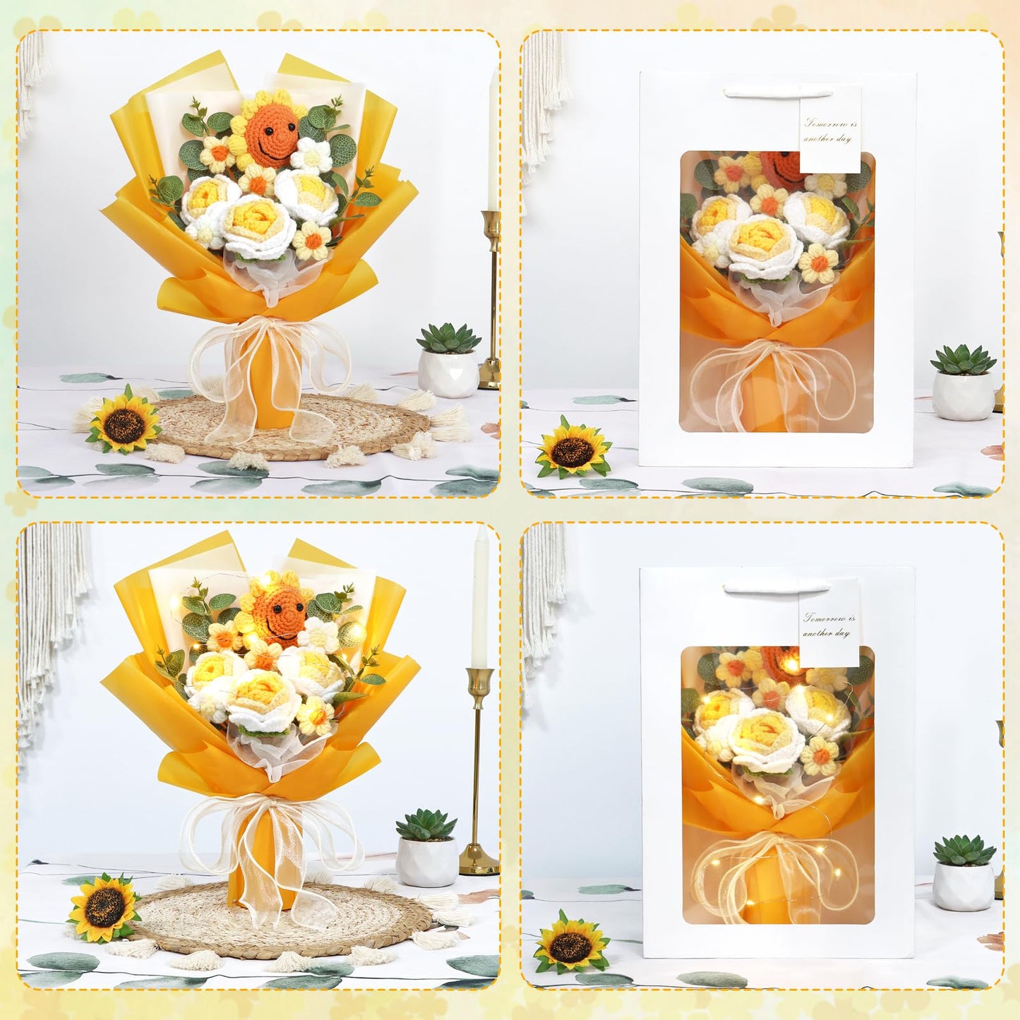 UXORSN Yellow Crochet Flower Bouquet for Mom Artificial Sunflower Finished Handmade Knitted Bouquet Preserved Flowers Fake Rose Crochet Kits Gift for Birthday Anniversary Graduation