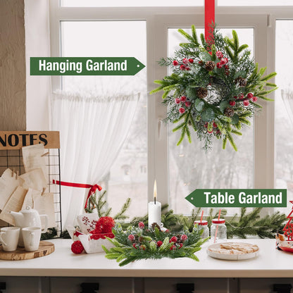 Tupetcs 9.8inch Christmas Wreath, 4Pcs Small Christmas Wreath Decorations for Home Front Door Porch Table Centerpieces Candle Rings Wall Window Cabinets Farmhouse Decorations