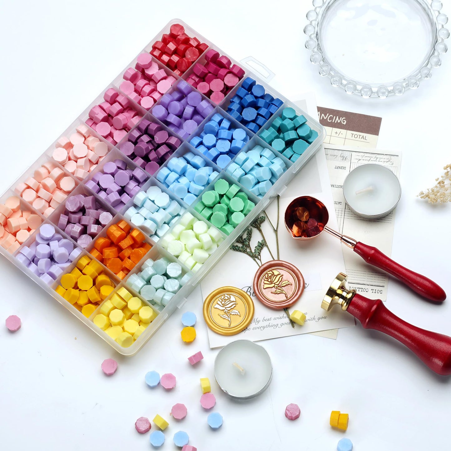 CLKINN Wax Seal Stamp Kit, 24 Colors 600 Pcs Sealing Wax Beads, Wax Seal Kit with Solid Brass Rose Wax Stamp, Spoon & 2 Tealight Candles for Wedding Invitations, Envelopes, DIY Crafts, Gift Wrapping