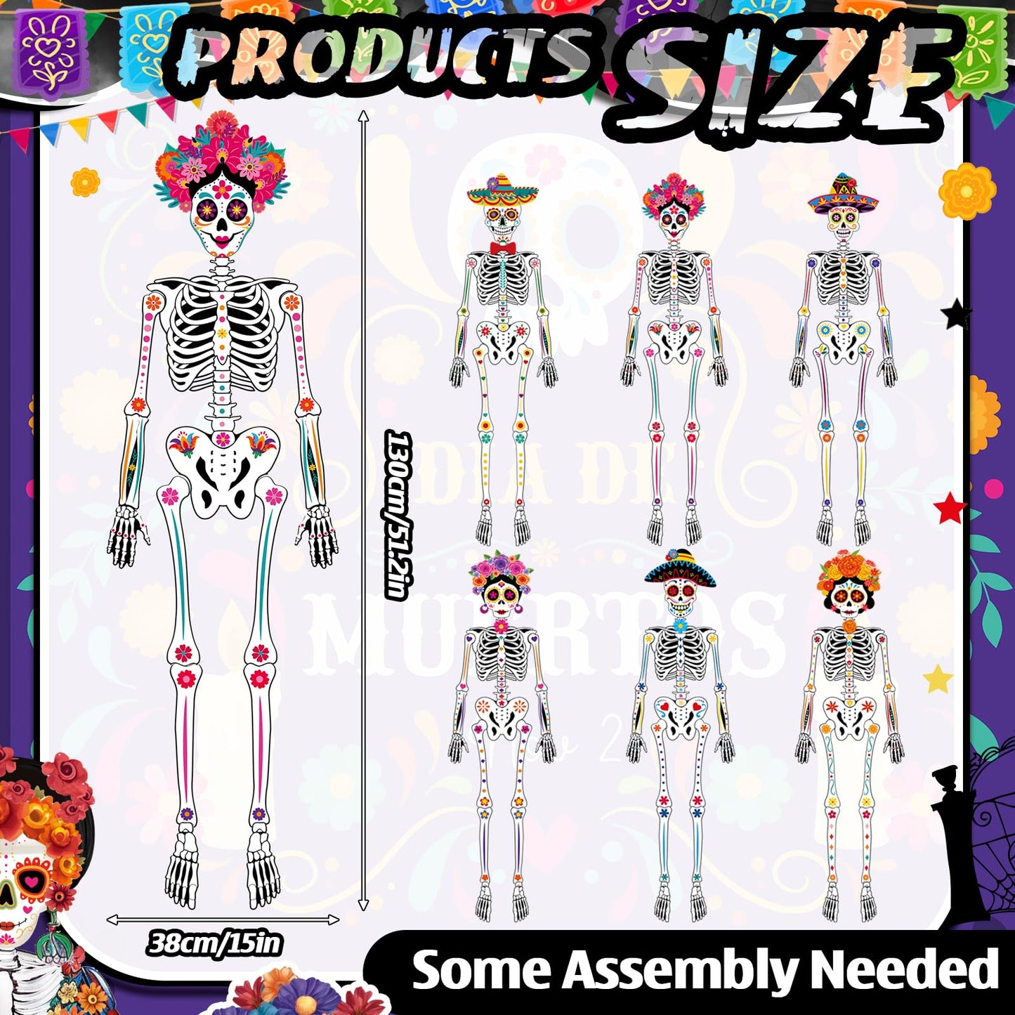 WinnerWhy 6 Pcs 51 Inches Large Halloween Jointed Skeletons Paper Cutout Day of The Dead Jointed Skeletons Hanging Decorations Dia De Los Muertos Party Supplies for Outdoor Mexico Sugar Skull Decor