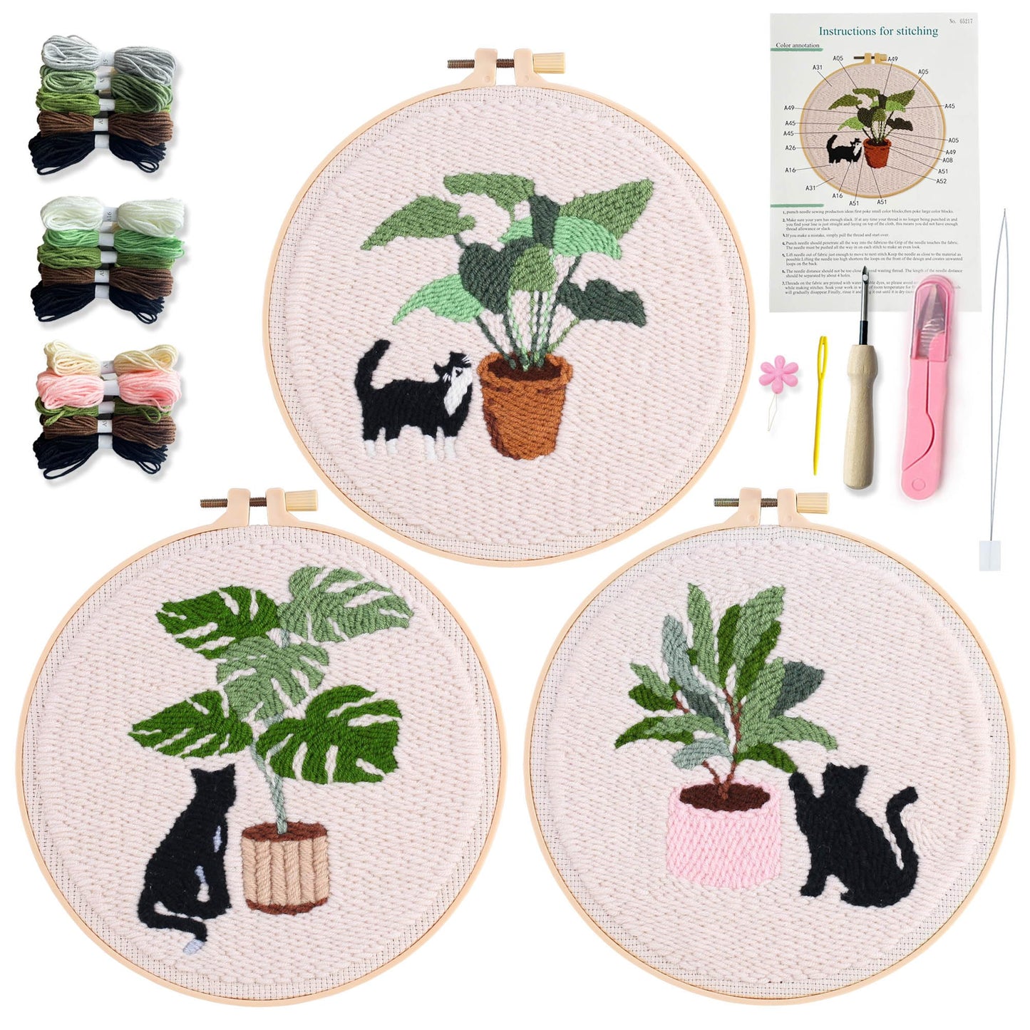 Myfelicity Punch Needle Kit for Adults, Beginners, Cat and Greenery Patterns, Includes Punching Needle Supplies