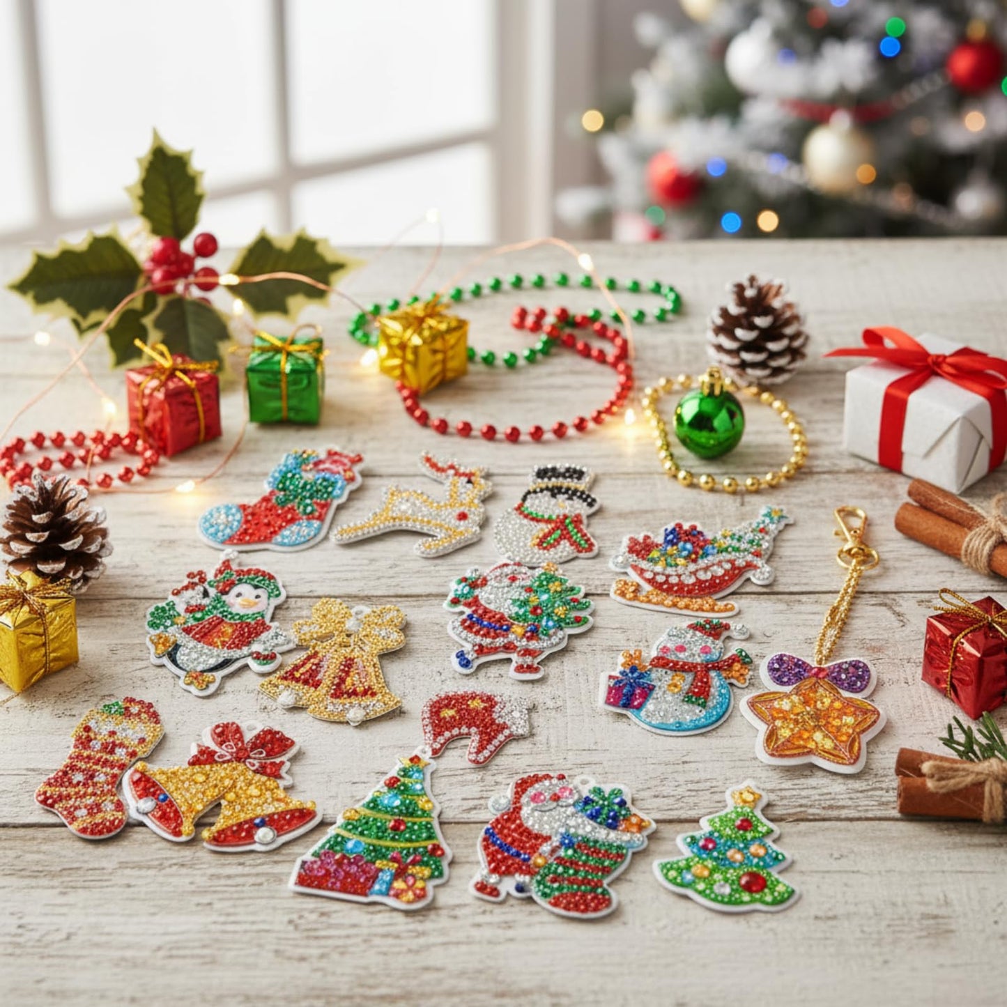 Chuangdi 20 Pcs Diamond Art Christmas Ornaments Diamond Art Kit for Adult DIY Diamonds Painting Keychains Crystal Rhinestone Arts Craft Santa Snowman Xmas Party Decor Supplies