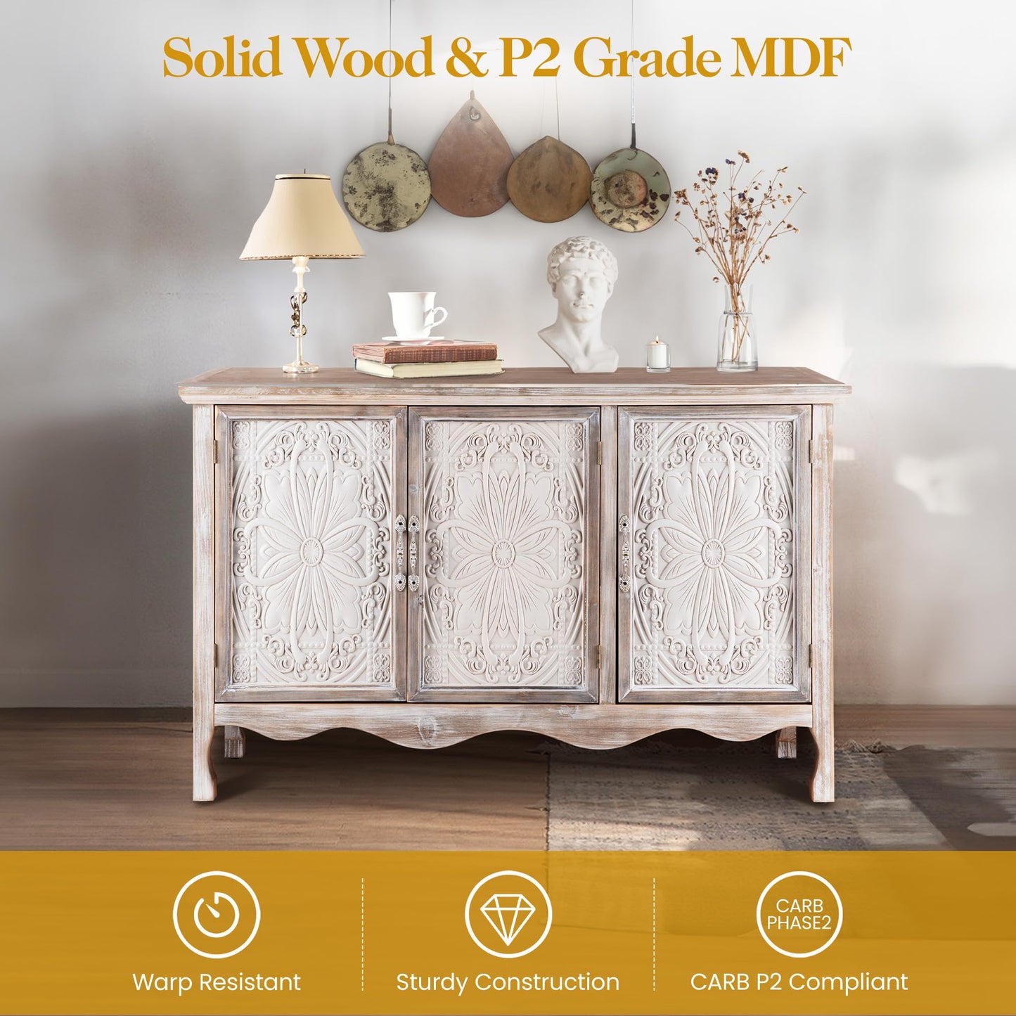 FansaFurn Accent Storage Cabinet with 3 Carved Doors and Shelves, Farmhouse Sideboard Buffet Sideboard with Storage, Wood Kitchen Cabinet for Living Room, Entryway, Dining Room and Kitchen, Wash Grey