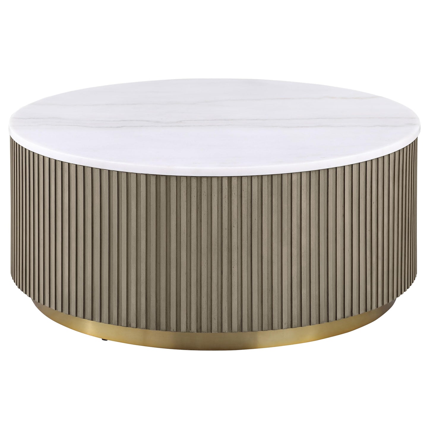 Coaster Home Furnishings - Jason - Wood and Metal - 3-Piece Coffee Table Set with Marble Tops, Reeded Drum Bases, and Gold Ring Accents - Living Room - Greige and White Marble - 711418-S3