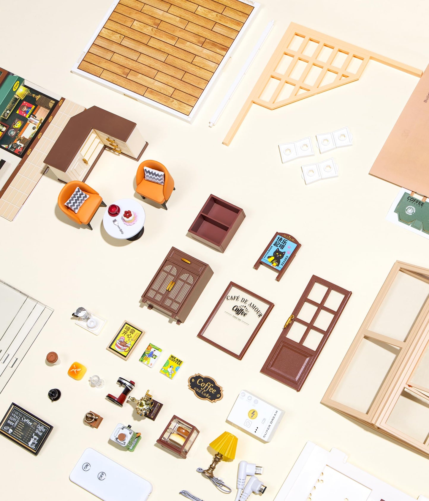 Loyratche DIY Retro Coffee Shop Miniature House Kit, 115 Pieces Mini Dollhouse with Furniture & LED Light with Roof & Dust Covers Tiny House Toy for Adults