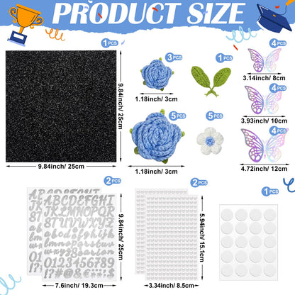 Gersoniel 30 Pcs Crochet Flower Graduation Cap Decoration Kit, Artificial Crochet Rose with Glitter Construction Paper Faux Daisy Pearl Letter Sticker for Grad Hat Topper Cover Craft Gift(Blue)