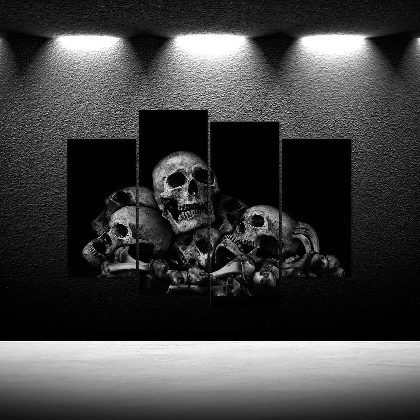 iKNOW FOTO Large 4-Panel 48x33 Black and White Skulls Canvas Wall Art - Abstract Halloween Day of Dead Skeleton Picture Print, Ready to Hang for Home Bedroom Decor