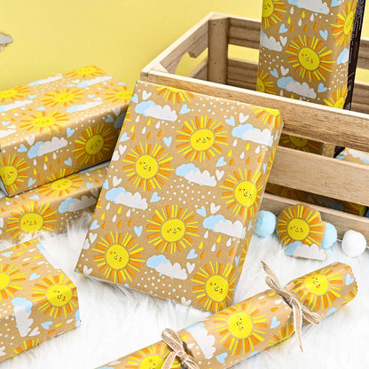 MAYPLUSS Kraft Baby Shower Wrapping Paper, Recyclable Sunshine, Cloud & Heart Design Baby Gift Wrap Paper for Children Birthday, Party, Holiday, Cute Wrapping Paper Mini Roll (17 Inch X 33 Feet)