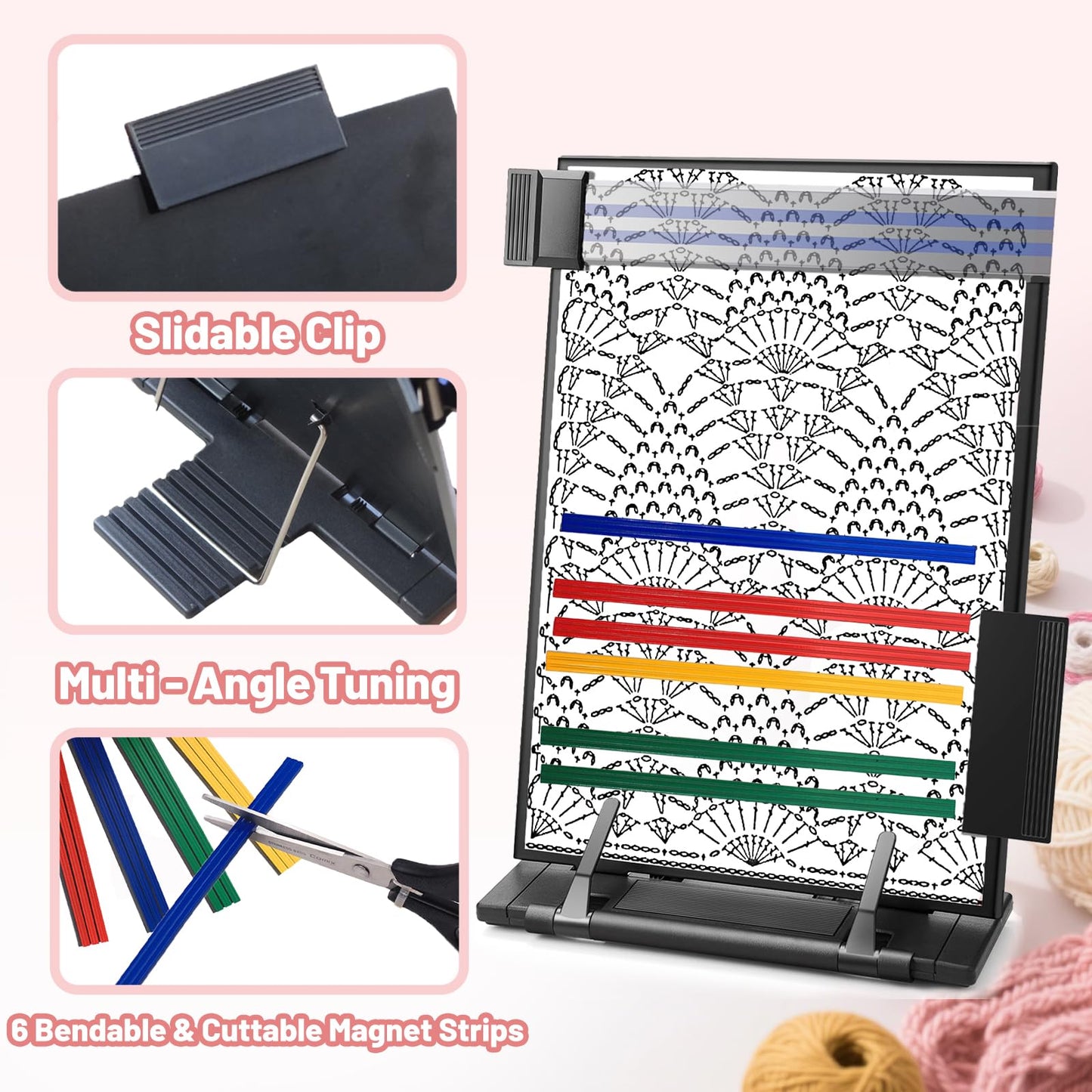bositigo Knitting Pattern Holder with 6Pcs Replacement Colorful Magnets, Cross Stitch Supplies & Knitting Accessories, 13.78 x 8.27 Inch Chart Keeper for Crochet, Cross Stitch & Craft Patterns