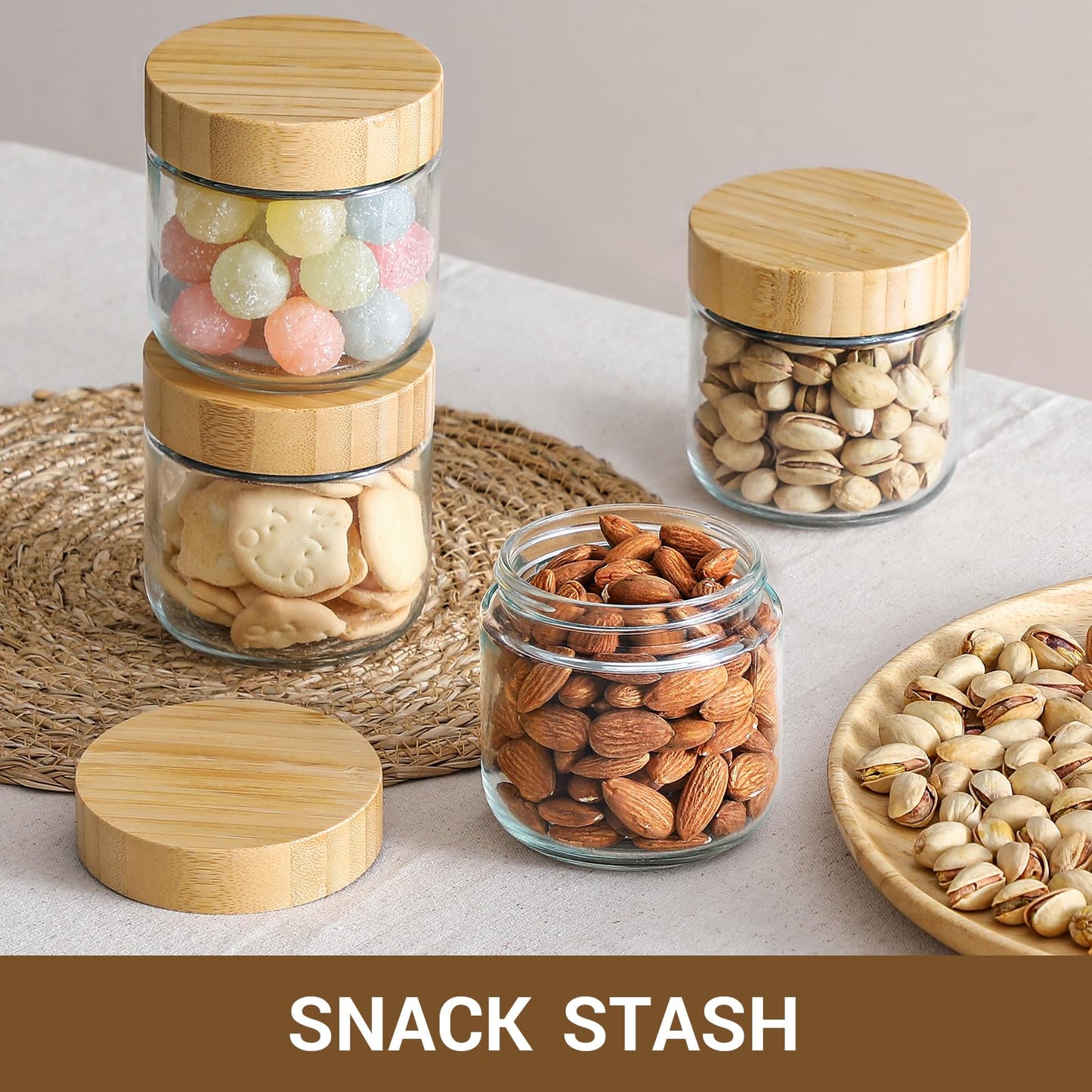 NETANY 4-pack 16oz Glass jars with Airtight Lids, Overnight Oats Containers with Bamboo Lids, Wide mouth Mason Salad jars, Glass Food Storage Containers for Snacks Yogurt Spice Sugar