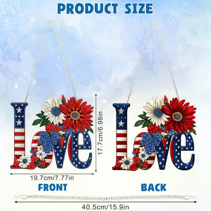 DOMROM 4th of July Love Diamond Art Hanging Kits, American Flag Floral Letter Diamond Painting, Special Shaped Gem Art Suncatchers Ornament, Independence Day Love Decor for Home Window Wall