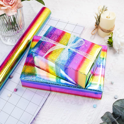 Merture 17 In X 33 Ft (46.5 sq.ft.) Rainbow Holographic Wrapping Paper Roll, Striped Glitter Gift Wrap for Disco Party, Wedding, Birthday, Christmas, Bridal Shower, Graduation