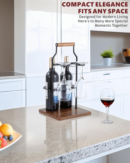 Ouseen Countertop Wine Rack and Glass Holder | Portable Wine Caddy Holds 2 Bottles & 2 Glasses | Small Wine Rack with Wood Base, Perfect for Tabletop Wine Storage & Home Bar Decor (Black)